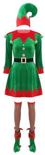 Jydiazi Damen Kostüm Weihnachtself Kobold Kleid Wichtelmütze Elf Schuhe Strümpfe Gürtel Set Erwachsene Karneval Weihnachtskostüm A_Grün L