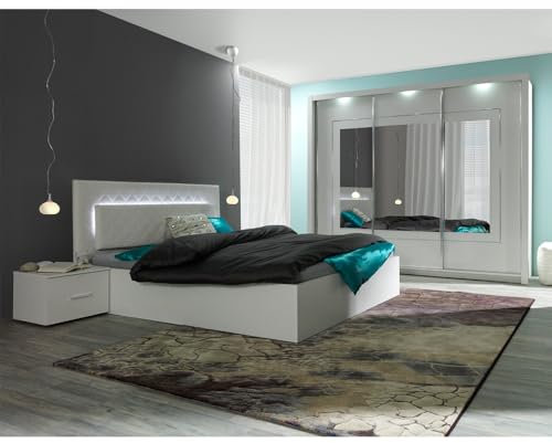 Lomadox Schlafzimmer Set 4-teilig mit Bett 160x200cm, 2 Nachttische, Schwebetürenschrank 258cm in weiß Hochglanz