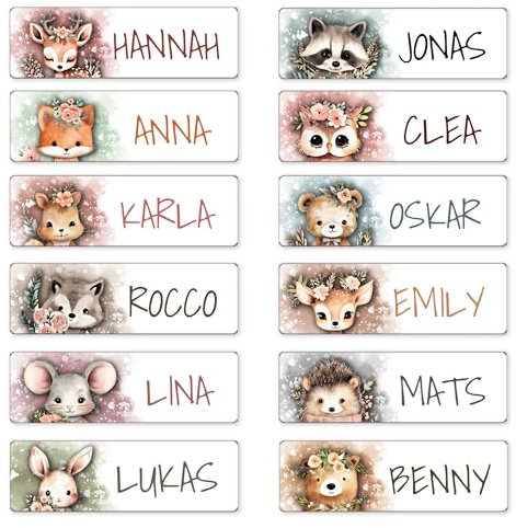 MANOUKI | Namensaufkleber Kinder für Kleidung/Textil und Gegenstände 50-200 Stück | Süße BOHO Waldtiere | personalisiert + wasserfest | Namensetiketten für Kindergarten/Kita und Schule (100 Stück)