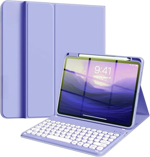 NUWONAYA Round Keys Keyboard Case for iPad 9th/8th/7th Generation/Air 3/Pro 10.5,Cute Color Folio Stand Cover with Upper Pencil Holder and Magnetic Detachable Wireless Keyboard，Light Purple