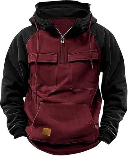 PADOLA Pullover Herren 1/4 Zip Hoodie Cargo Arbeitspullover mit Multi-Taschen Vintage Kapuzenpullover Retro Fleecepullover Langarm Sweatshirt mit Fleece Übergangsjacke Winter (3XL, Rot Schwarz)