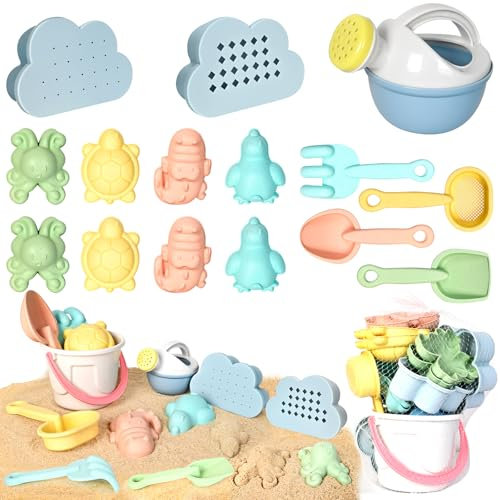 Risingor Sandspielzeug Strandspielzeug für Kinder, 16 Stück Sandspielzeug Sandförmchen Set, Reise Sandspielzeug mit Eimer Schaufel, Sandkasten Strand Spielzeug für Kinder ab 3 4 5 Jahre Mädchen Junge