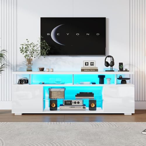 Meuble TV 150cm, Haute Brillance Banc TV avec Lumières LED et Verre Étagères pour Télévisions Jusqu'à 60 Pouces, Compartiment Rangement Ouvert, Blanc Meuble Télé pour Salon, Chambre, 150 x 40 x 53 cm