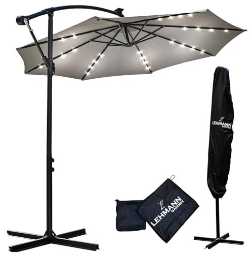 LEHMANN Ombrellone da Giardino con LED - Ombrellone per Esterni con Manovella e Base – Protezione UV – Impermeabile – 32 LED – Funziona a Energia Solare – Con Copertura Protettiva