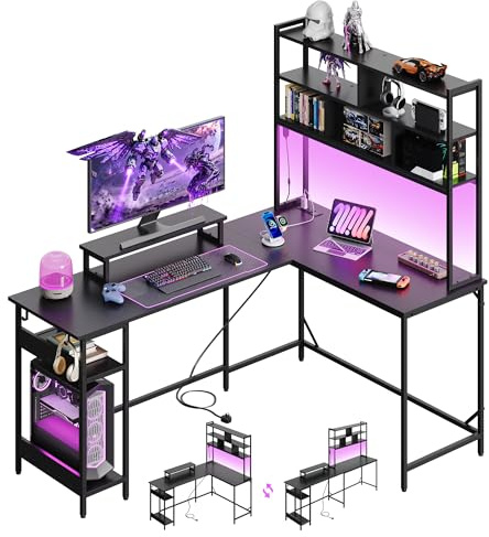 DEVAISE 167×114cm Gaming Desk, Corner Desk with Bookcase, for Home Office, Black
