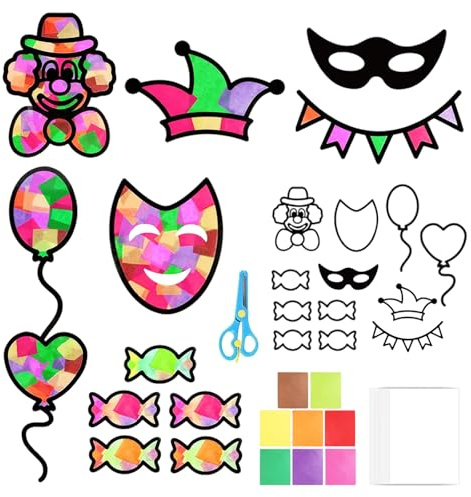 24 Stück Fensterbilder Karneval Fensterbilder Basteln Karneval Kinder Clown Bastelset Fensteraufkleber Zirkus zum Basteln FensterbilderBunte Fasching Party Dekoration