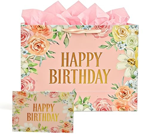 LUCTHY Large Birthday Gift Bag with Handles, 3 Tissue Papers, Card | Birthday present bag, 3 tissue papers and greeting card included. 33x26x12cm. Luxury Gift Bag for Women and Men