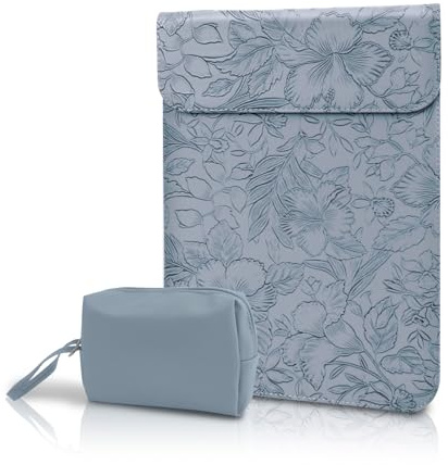 Hinnwer 15-16 Pouces Housses Ordinateur Portable avec Petite Pochette, Cuir à Motif Floral Gaufré Sacoche pour Macbook Air 15, Macbook Pro 15/16, Surface Acer ASUS Dell Lenovo HP Huawei - Bleu