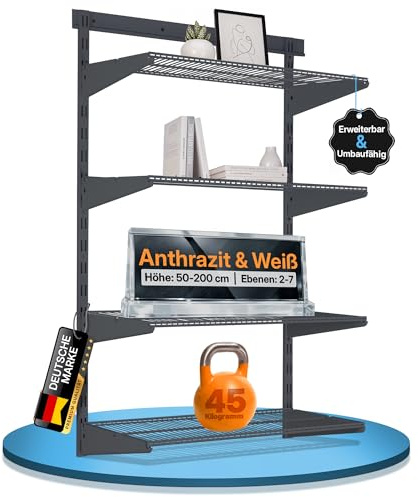 BOOMET Wandregal Metall Anthrazit mit Drahtboden · 28 Varianten · 100x60x30cm (HxBxT) 2 Böden · Flexibles Wandschienen Regalsystem für Ankleide, Vorratsraum, Büro, Garage, Keller & Werkstatt