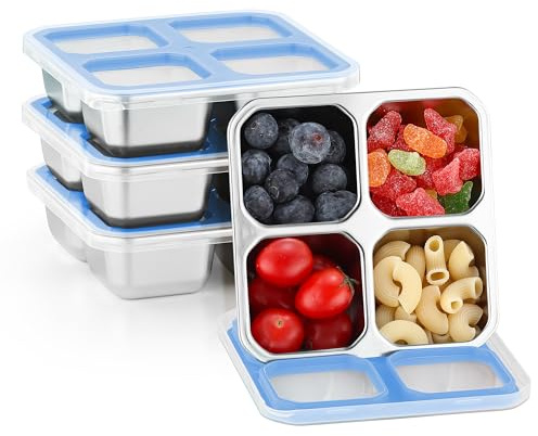 Misichao Stainless Steel Snack Boxes with 4 Compartments 4 Pack Sky Blue | Reusable Snack Containers Small Bento Lunch Box for Kids Adults Divided Meal Prep Containers for School Work and Travel