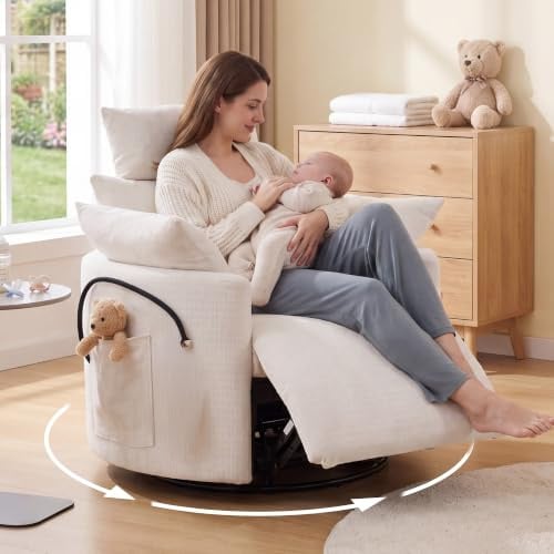 DEKKETO Manual Nursing Rocking Recliner Chair with Footrest, Chenille White