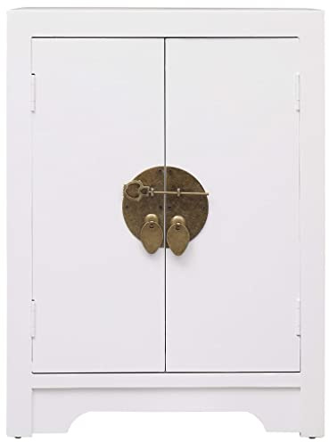 QZZCED Vintage Nachttisch Weiß aus Paulownia Holz und MDF, 38×28×52 cm, mit 2 Türen und goldenen Riegeln im chinesischen Stil, Beistelltisch als Telefontisch für Wohnzimmer, einfache