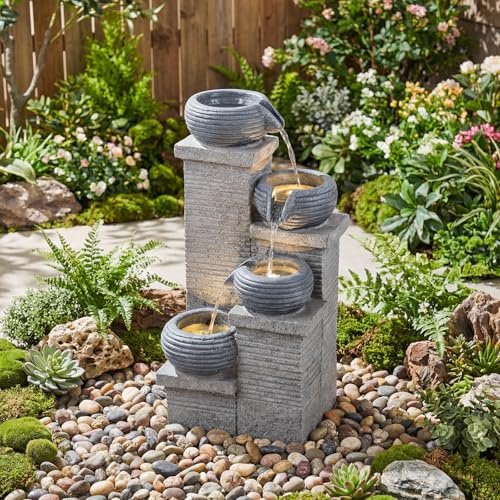 COSTWAY 4-stufiger Springbrunnen, Gartenbrunnen mit LED Beleuchtung & Pumpe, Kaskadenbrunnen Kunstharz, Steinoptik, Zimmerbrunnen draußen, Wasserfall Brunnen Garten, 28 x 22 x 58 cm
