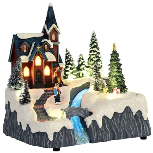Ziaphsol Weihnachtsdorf Dekoration mehrfarbig aus Kunststoff Miniaturdorf Szene 20,5 x 17 x 21 cm für Wohnzimmer Deko mit Lichterketten Indoor