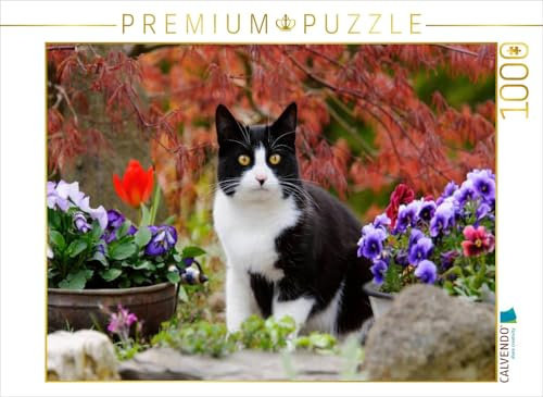 CALVENDO Puzzle Schwarz-weiße Katze im blühenden Garten | 1000 Teile Lege-Größe 64 x 48 cm Foto-Puzzle für glückliche Stunden