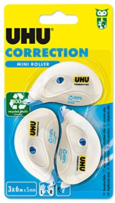 UHU Korrekturroller Mini – schnelles, sauberes und präzises Korrekturband, weiß, 6 m x 5 mm, 3 Stück