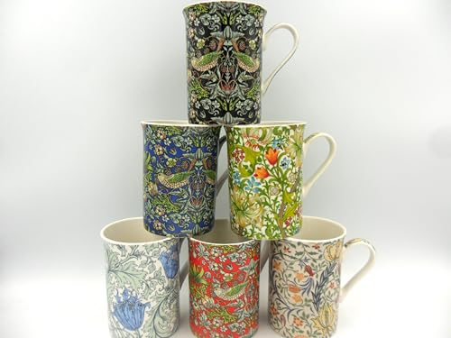 Heron Cross Pottery Abbeydale Collection Set of 6 William Morris Assorted Design 10oz Mugs.
