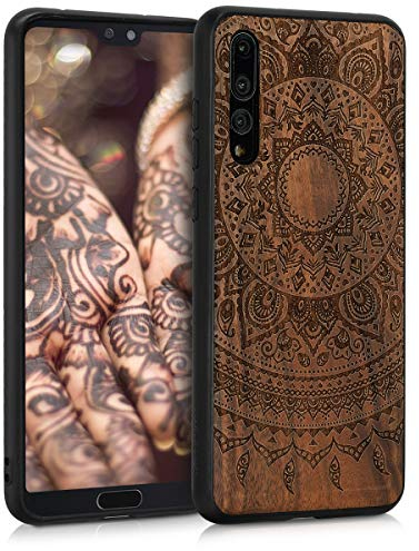 kwmobile Hülle kompatibel mit Huawei P20 Pro Hülle - Holz Case - Handy Cover - TPU Handyhülle in Dunkelbraun Indische Sonne