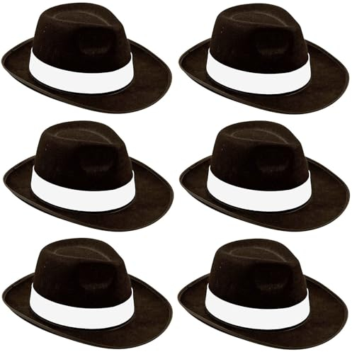 6 x Gangsterhüte – Schwarzer Trilby-Hut für Erwachsene mit weißem Band – Herren 1940er Jahre Mafia Detektiv Kostüm Zubehör – Al Capone Verkleidung Privater Ermittler Zubehör – Multipack Gangster Hüte