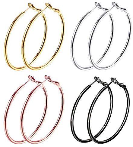 JewelryWe Schmuck 4 Paar Damen Ohrringe Set Edelstahl Groß Rund Hängend Huggie Creolen Ohrringe Ohrhänger für Frauen Mädchen - Durchmesser 60 mm, Schwarz Gold Silber Rosegold
