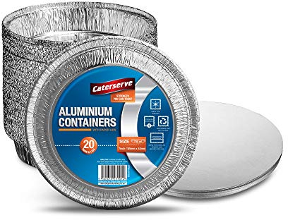Caterserve Aluminium Containers – 20 pcs Foil Flan Cases with Paper Lids – Durable and Food-Grade Foil Pie Cases – Oven and Freezer Safe Flan Case Set – 7 inch-18cm Foil Baking Trays
