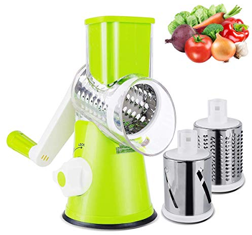 Cortador de Verduras Espiralizador Manual,Mandolina de Cocina Multifuncional Profesional,Rallador de Queso Rotativo,Cortador de Cebollas Patatas,con 3 Cuchillas Giratorias de Acero Inoxidable (Verde)