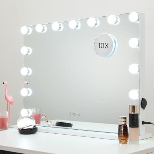 Dayu Hollywood Schminkspiegel mit 15 Beleuchtung LED Licht, 3 Farben dimmbarer Make-up Spiegel mit USB für Wandmontage Smart-Touch-Steuerung, 58 x 46 cm weiß