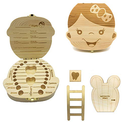 Caja de Madera para Dientes de Leche Bebe Ratoncito Pérez en Español para Niño y Niña – Incluye Puerta Mágica y Escalera Ratoncito Pérez – Caja para Guardar Dientes Regalo Recién Nacidos.(Niña)