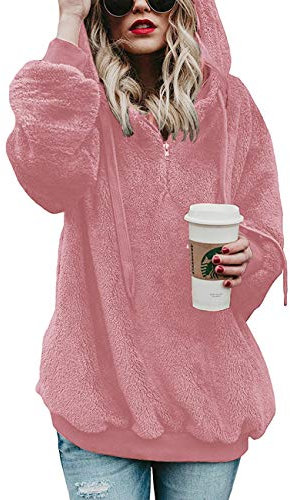 iWoo, felpa da donna in pile, pullover con cappuccio, tasche e cerniera 1/4, casual, soffice, calda ed elegante, tinta unita