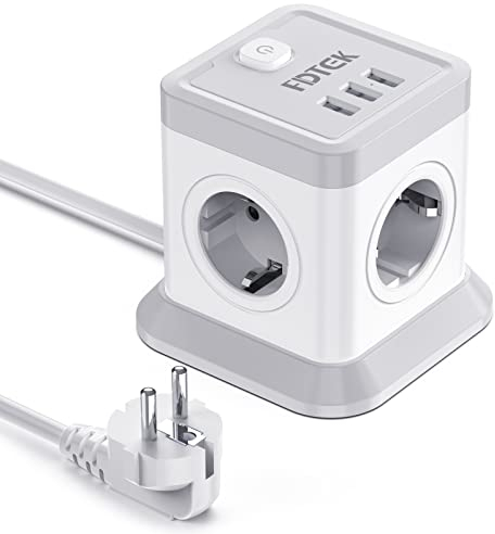 FDTEK Steckdosenwürfel mit USB 7 in 1 Mehrfachsteckdose Cube Steckdosenleiste mit Schalter (2500W/10A) 4 Fach Steckdose, 2 USB-A und 1 USB-C mit 1.8m Kabel Mehrfachstecker für Büro Zuhause und Reisen