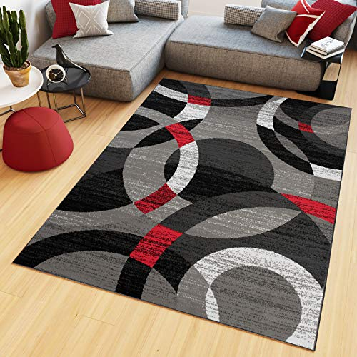TAPISO Maya Teppich Kurzflor Modern Kreise Streifen Design Schwarz Grau Rot Weiß Meliert Wohnzimmer Schlafzimmer Büro ÖKOTEX 300 x 400 cm