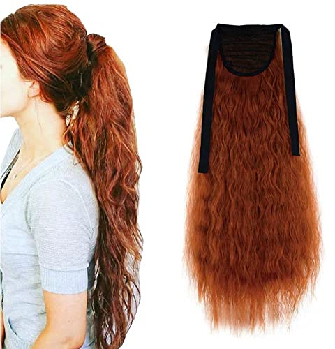 iLUU 55,9 cm lange Corn Wave Wrap-Around-Pferdeschwanz-Haarverlängerung 90 g synthetisches Perücken-Haarteil # 119 Kupfer-Rot-Orange-Farbe Pferdeschwanz-Haarteile