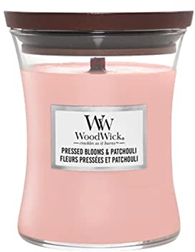 Woodwick Kerze Sanduhr Medium Medium Jar Pressed Blooms & Patchouli Duft Haus Innen