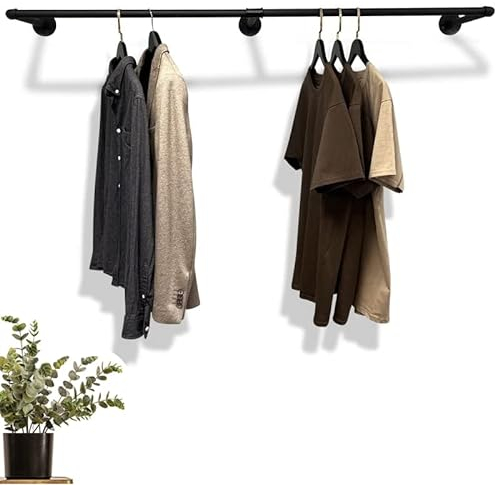 RSR Hangers Kleiderstange Industrial Design Wandgarderobe 140 cm x 30 cm für die Wand | Schwarz | Garderobenstange | Schlafzimmer | Flur | Garderobe | Wandmontage