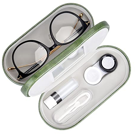 Muf 2-in-1-Kontaktlinsenetui und Brillenetui, doppelseitig, auslaufsicher, tragbar, Pinzette und Kontaktlinsen-Lösungsflasche für Reiseset (Grün)