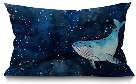 BGBDEIA Kissenbezug Wal Sternenhimmel Aquarell Tier Meer Thema Marine Life Hand Gemälde Rechteckiger Überwurf Kissenbezug für Couch Sofa Home Decor Baumwolle Leinen 30 x 50 cm
