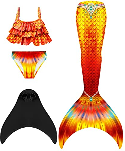 NAITOKE meerjungfrauenflosse mädchen Badeanzug - Meerjungfrau Flosse Bademode mit Bikini Set und Monoflosse Mermaid Tail, 4 Stück Set,DGJDZ,140