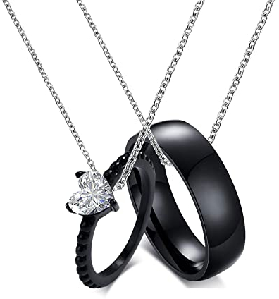 KunBead Jewelry Black Ring Zircon Necklace Matching Couple Necklace for Him and Her sets for 2-Stainless Steel