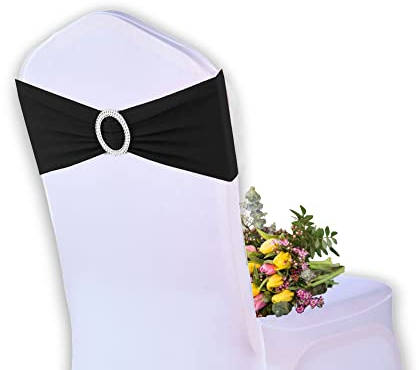 Elegant Event Essentials - 10 Pieces - Spandex Stretch Elastic with Round Buckle Slider Chair Cover Band, Sash Tie For Wedding, Party Chair Decor, Hotel, Christmas, Reception, Banquets - Black
