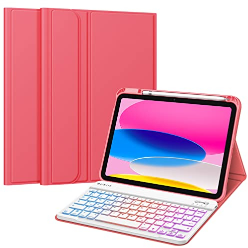 FINTIE Hülle mit Tastatur für iPad 11 Generation 2025 11 Zoll, iPad 10 Generation 2022 10.9 Zoll, 7-farbig Beleuchteter Magnetischer Abnehmbarer Keyboard Hülle mit Stifthalter, Pink