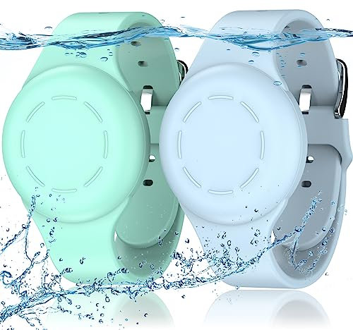 R-fun Braccialetti Impermeabili per Bambini, Compatibili con Apple Air Tag Tracker con Silicone Morbido, Custodia Anti-smarrimento per Bambini,Verde Menta/Blu Chiaro