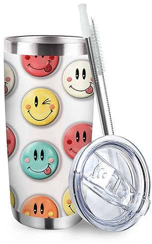Zzkol Smiley-Emoji-Becher mit Deckel und Strohhalm, buntes lächelndes Gesicht, lustige Edelstahl-Reise-Kaffeetasse, niedliches Cartoon-Geburtstagsgeschenk für Frauen, 590 ml, doppelwandig,