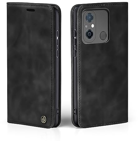 LBH Handyhülle für Xiaomi Redmi 12C in Schwarz mit Karten- und Geldfach Smartphone Hülle mit Standfunktion Flip Case Schutzhülle Magnetverschluss Vintage
