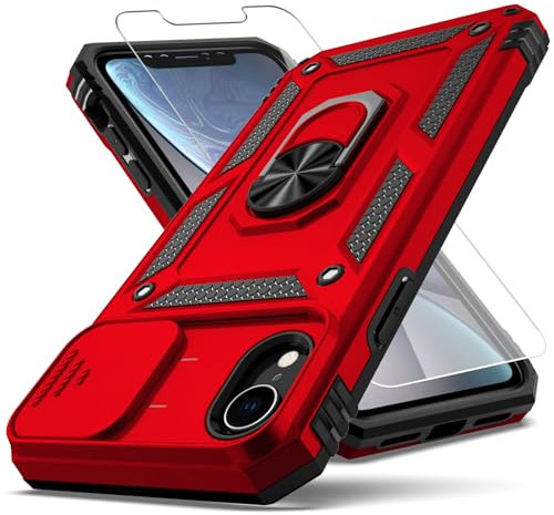 YZOK iPhone XR Case with Camera Lens Cover, HD Screen Protector, [Military Grade] Ring Car Mount Kickstand Hybrid Hard PC Soft TPU Shockproof Protective Case for iPhone XR Red