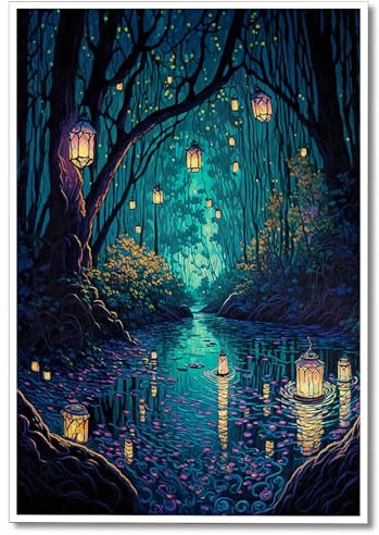 Yuaruo Fantasy Spiritueller Wald Leinwand Wandkunst, magische coole Laternen auf Bäumen, blaues Poster für Zimmer, ästhetisch, Feen-Wunderland, dunkle Nacht, Glühwürmchen, Fluss, Bild, Dekoration,