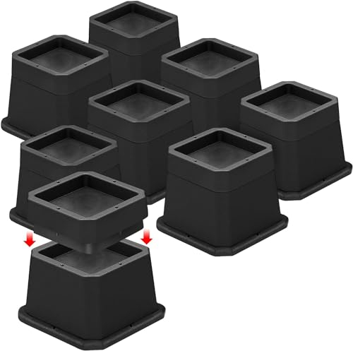 MYMULIKE Rehausseur Meuble 8 Pcs, Réglable 2,5cm et 5 cm Rehausseur Pieds de Lit, Rehausseur Pied de Table Supporte jusqu'à 2700kg, Rehausseur de Lit pour Pieds de Meubles, Noir