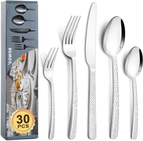 Juego de 30 Cubiertos para 6 Personas, BEWOS Cubiertos Acero Inoxidable, Cubiertos Pulidos, Set de Cubiertos, Vajilla para Casa/Cocina/Restaurante/Hotel, Apto para Lavavajillas
