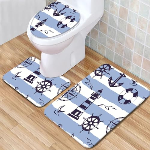 rutschfeste Badematte Anker & Leuchtturm Badematten Set 3-Teiliges Badezimmerteppich-Set Weich Badteppich Schnell Trocknend Badvorleger mit WC Deckelbezug