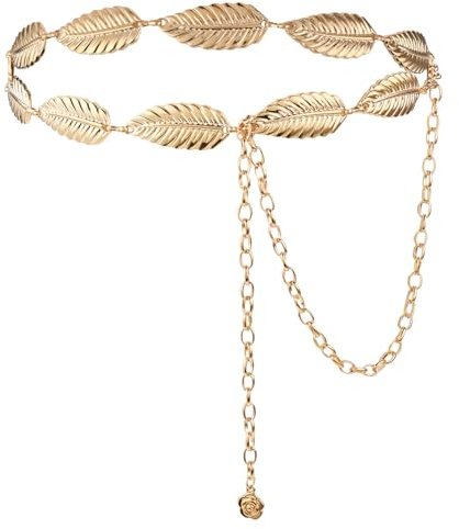 TIESOME Womens Metal Leaf Chain Belt, Adjustable Bridal Wedding Leaves Waistband Skinny Waist Belt for Dresses Decorated (Gold)