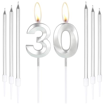 mciskin Silver 30 Birthday Candles-3D Number 30 Candle for Cake with 6pcs Long/Thin Candles Set,Silver Cake Topper for Women Men 30th Birthday Decorations Supplies,30th Wedding Anniversary Décor